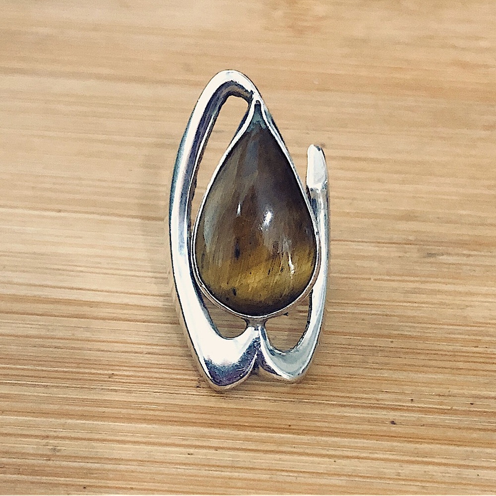 $69  Vintage Estate Ring Tiger Eye & Sterling Size 7 & 1/4 - 7 & 1/2 925 MEXICO - Picture 2 of 10
